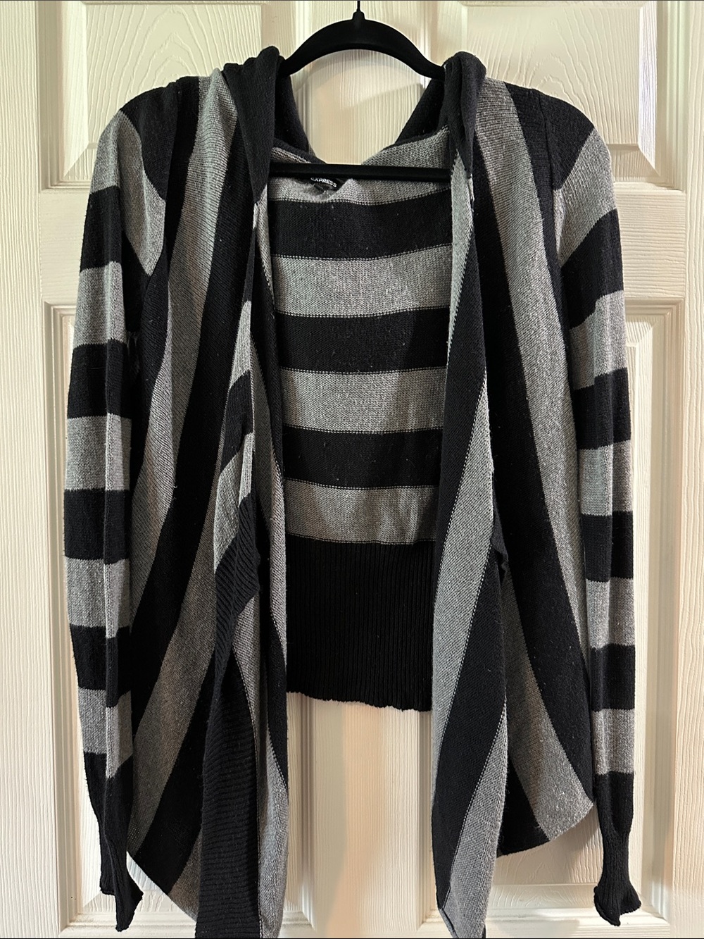 Express Black & Gray Striped Open-Front Hooded Cardigan